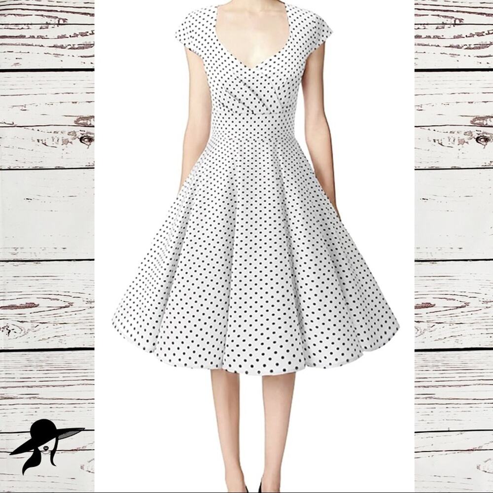 Gown Town white black dot retro fit and flare cross front cap sleeve dress